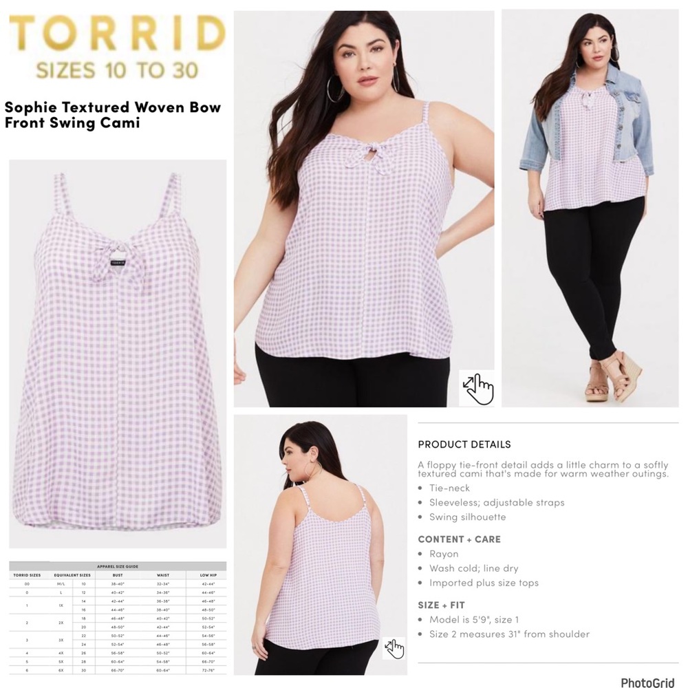 Torrid 2 plus size purple gingham Sophie woven bow swing cami